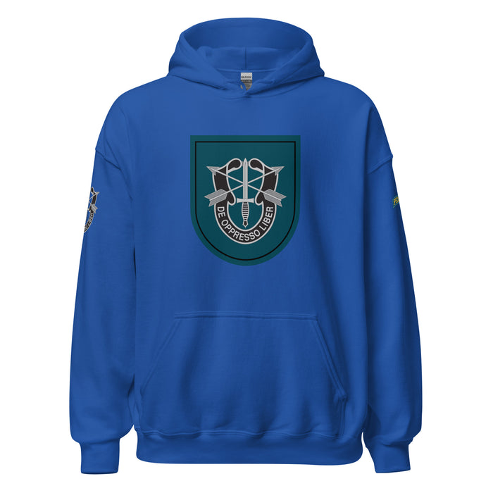 U.S. Army 19th Special Forces Group (19th SFG) Beret Flash Unisex Hoodie Tactically Acquired Royal S 