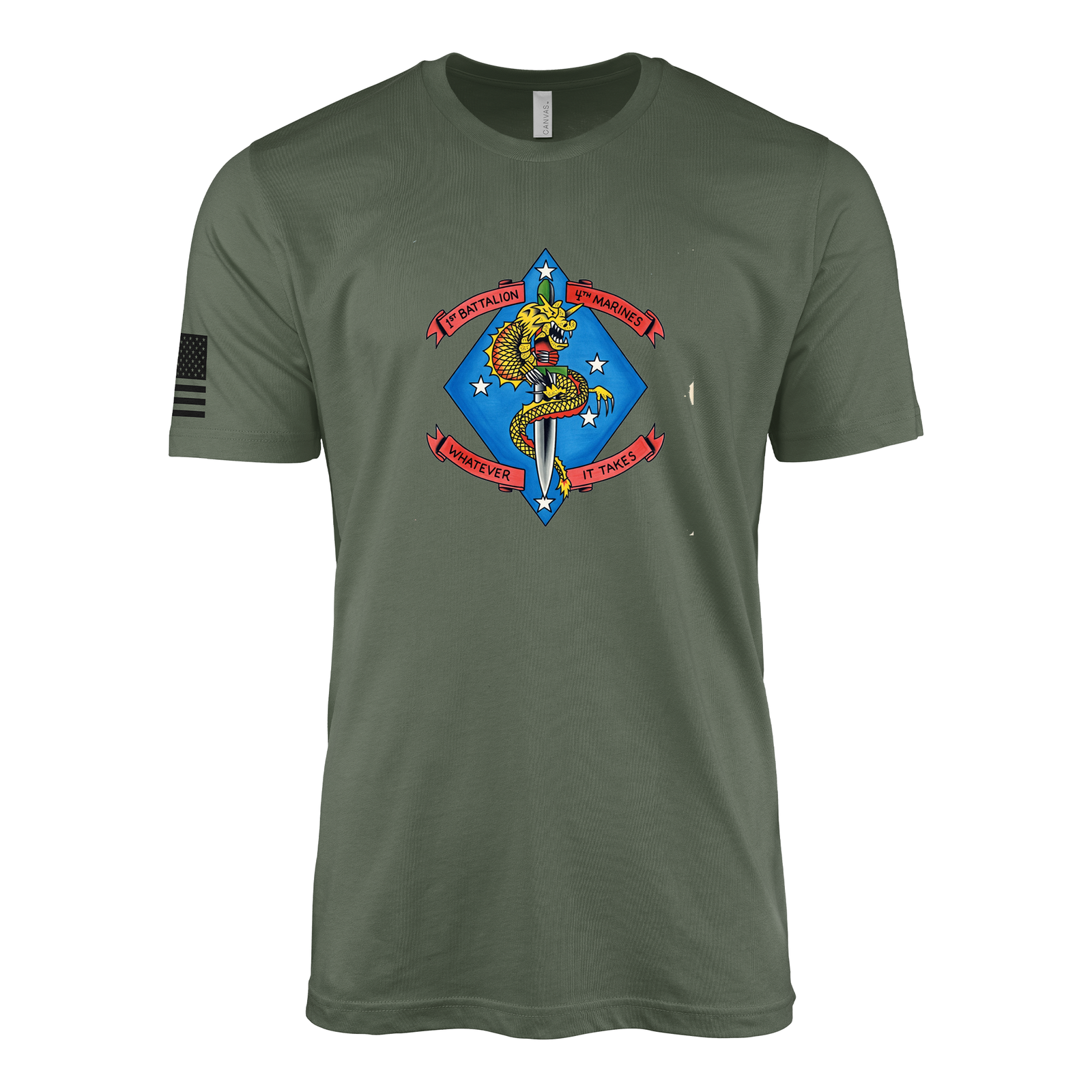 1st Battalion 4th Marines Vintage Flash Sailor Jerry Style T-Shirt - Military Green