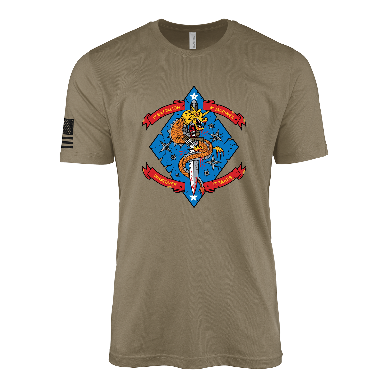 1st Battalion 4th Marines Torch Flash Sailor Jerry Style T-Shirt - Coyote Brown