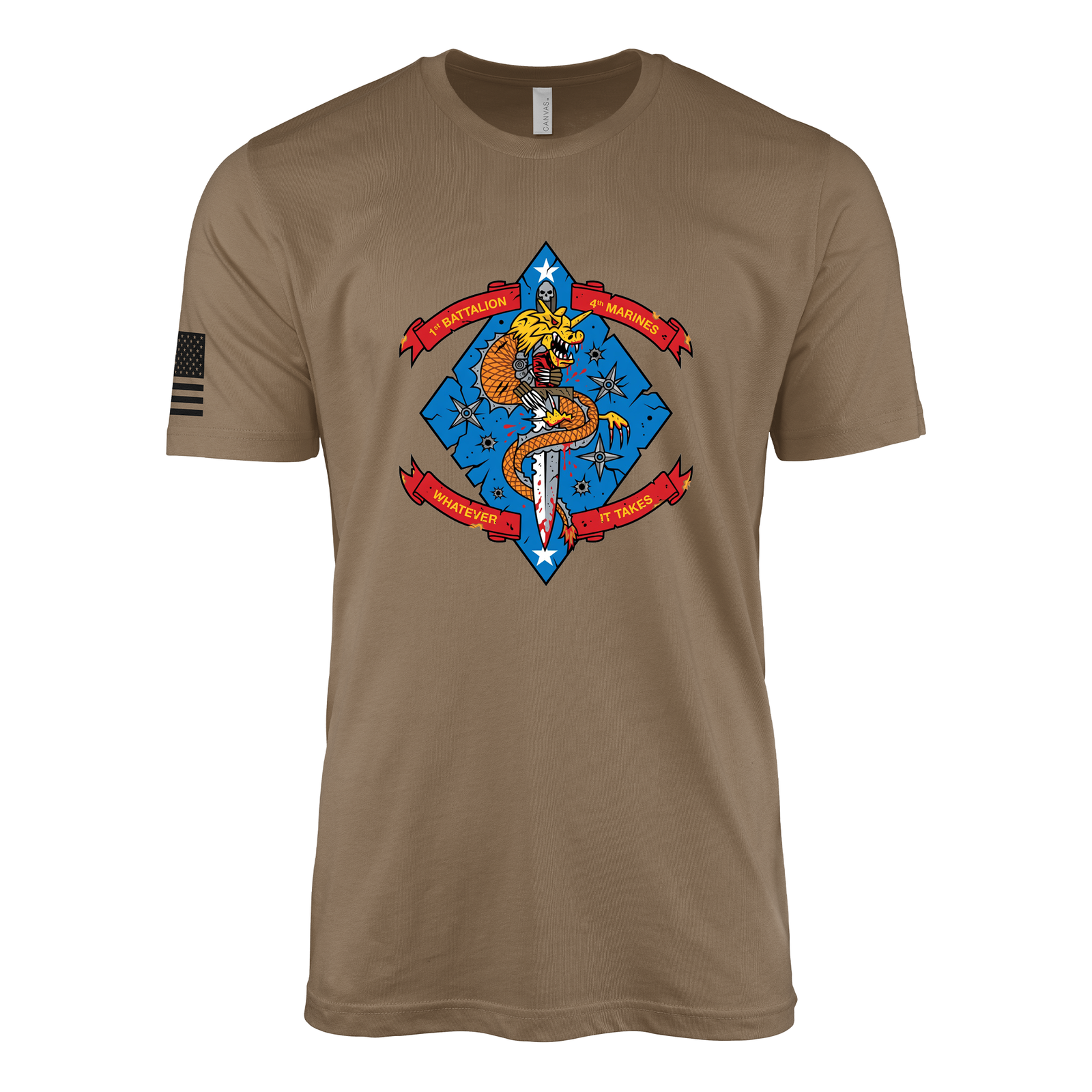 1st Battalion 4th Marines Torch Flash Sailor Jerry Style T-Shirt - Woodland Brown