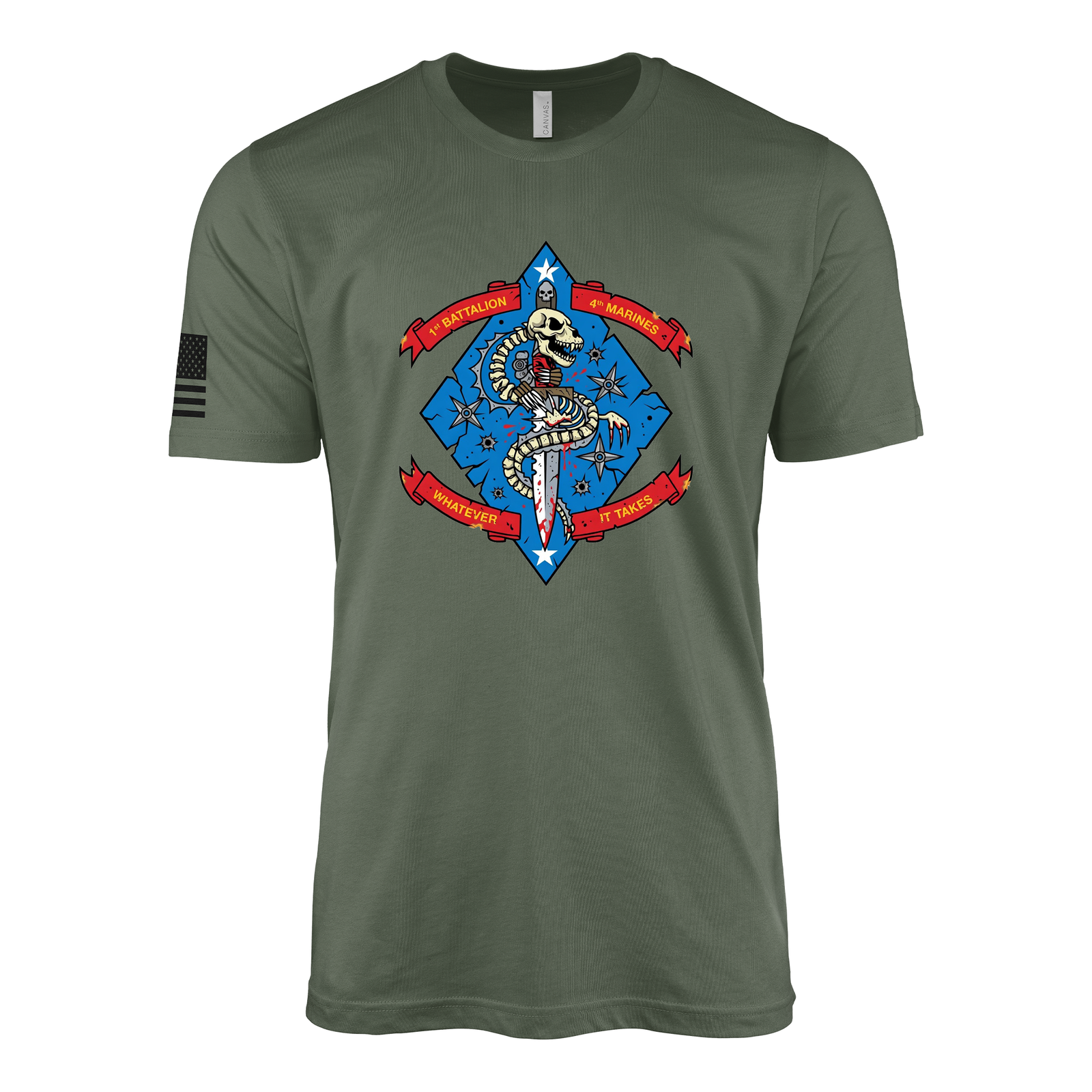 1st Battalion 4th Marines Classic Flash Sailor Jerry Style T-Shirt - Military Green