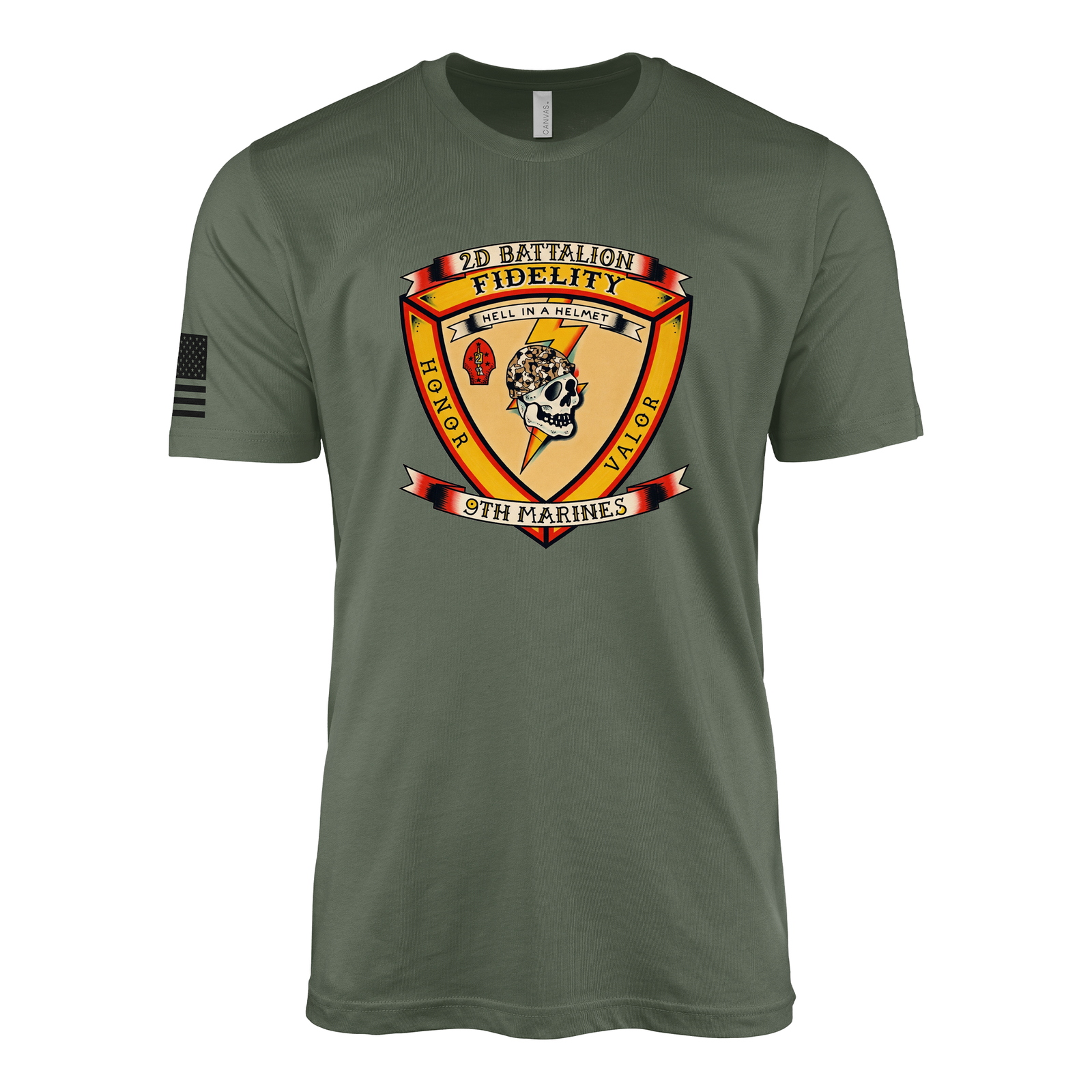 2nd Battalion 9th Marines Vintage Flash Sailor Jerry Style T-Shirt - Military Green