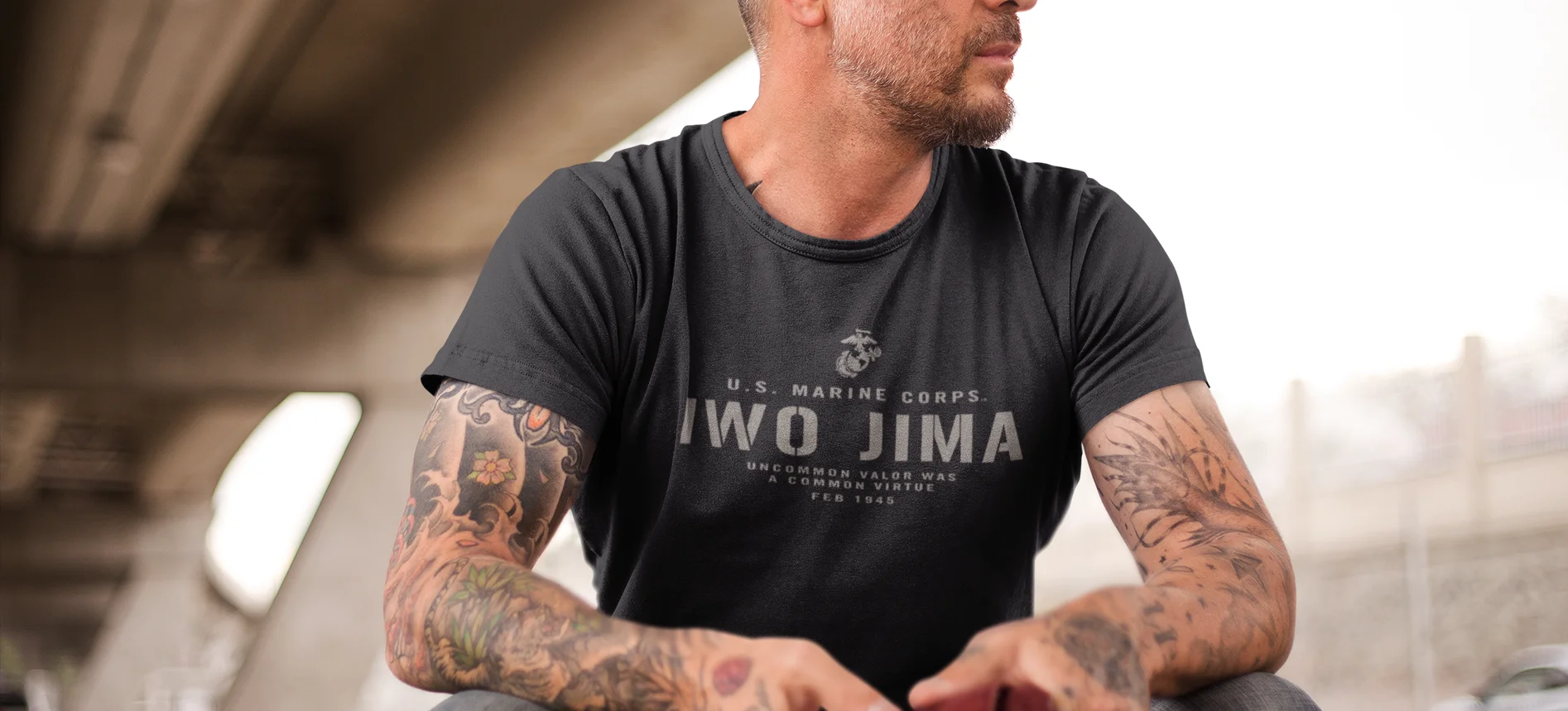 USMC OIF Veteran wearing a Battle of Iwo Jima Memorial shirt by Tactically Acquired.