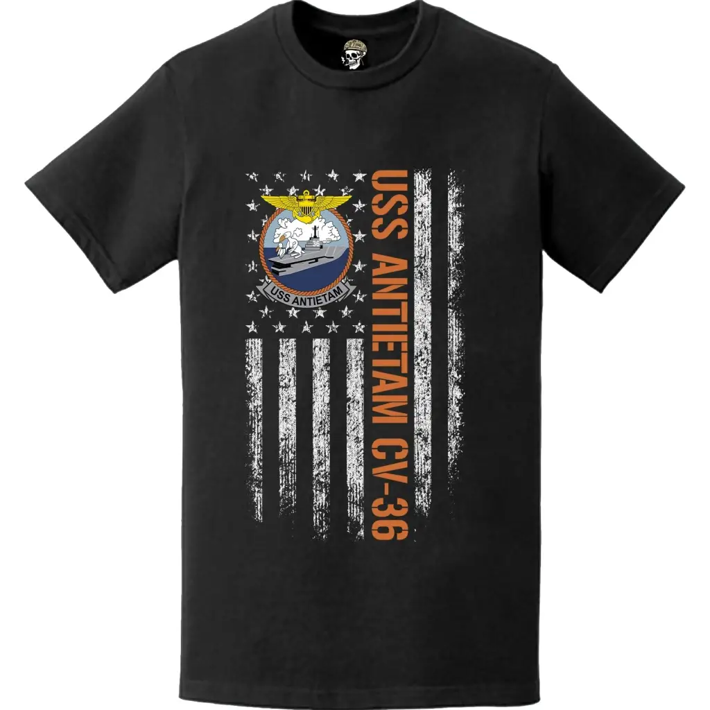 USS Antietam CV-36 Patriotic Ship's Crest Logo American Flag T-Shirt Tactically Acquired   