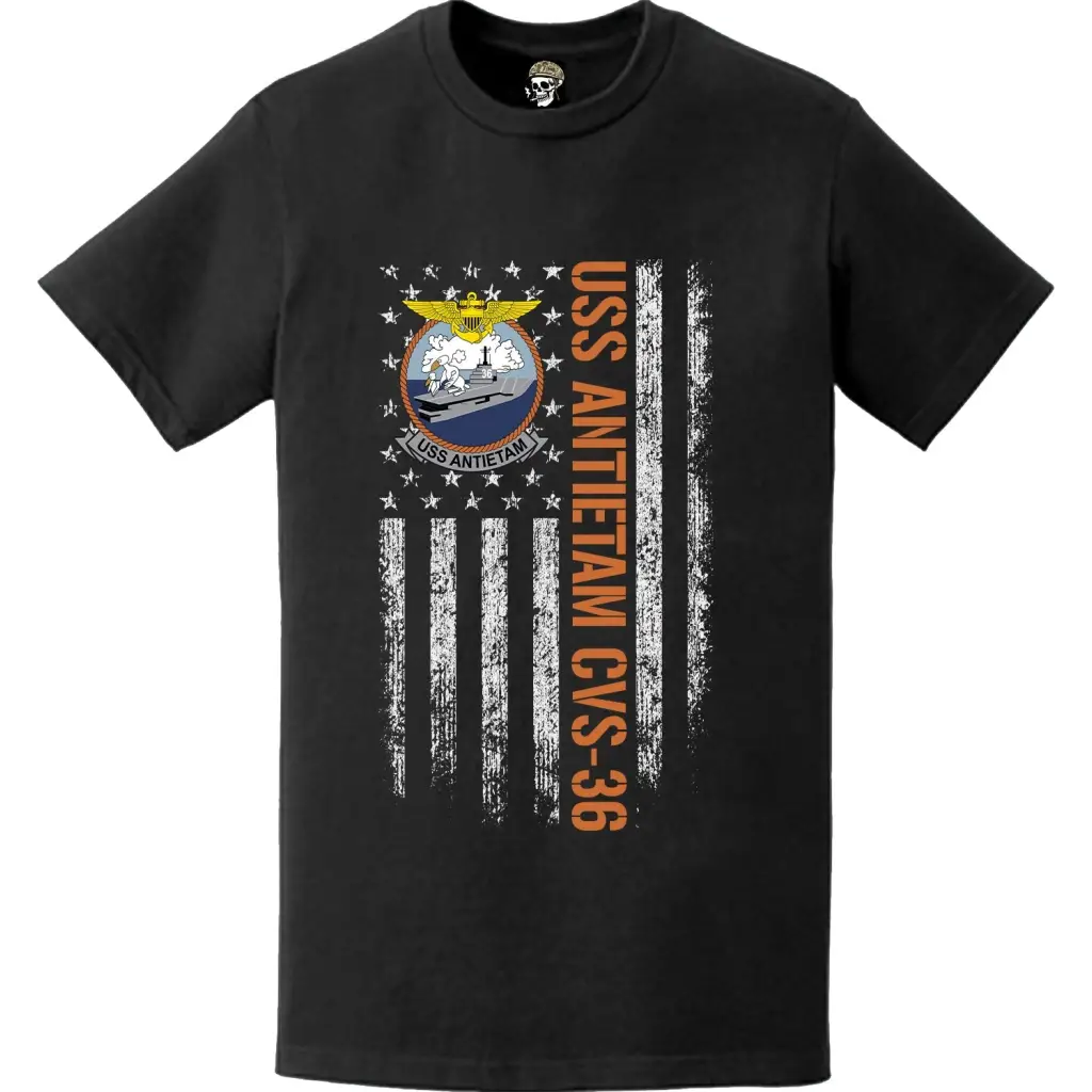 USS Antietam CVS-36 Patriotic Ship's Crest Logo American Flag T-Shirt Tactically Acquired   