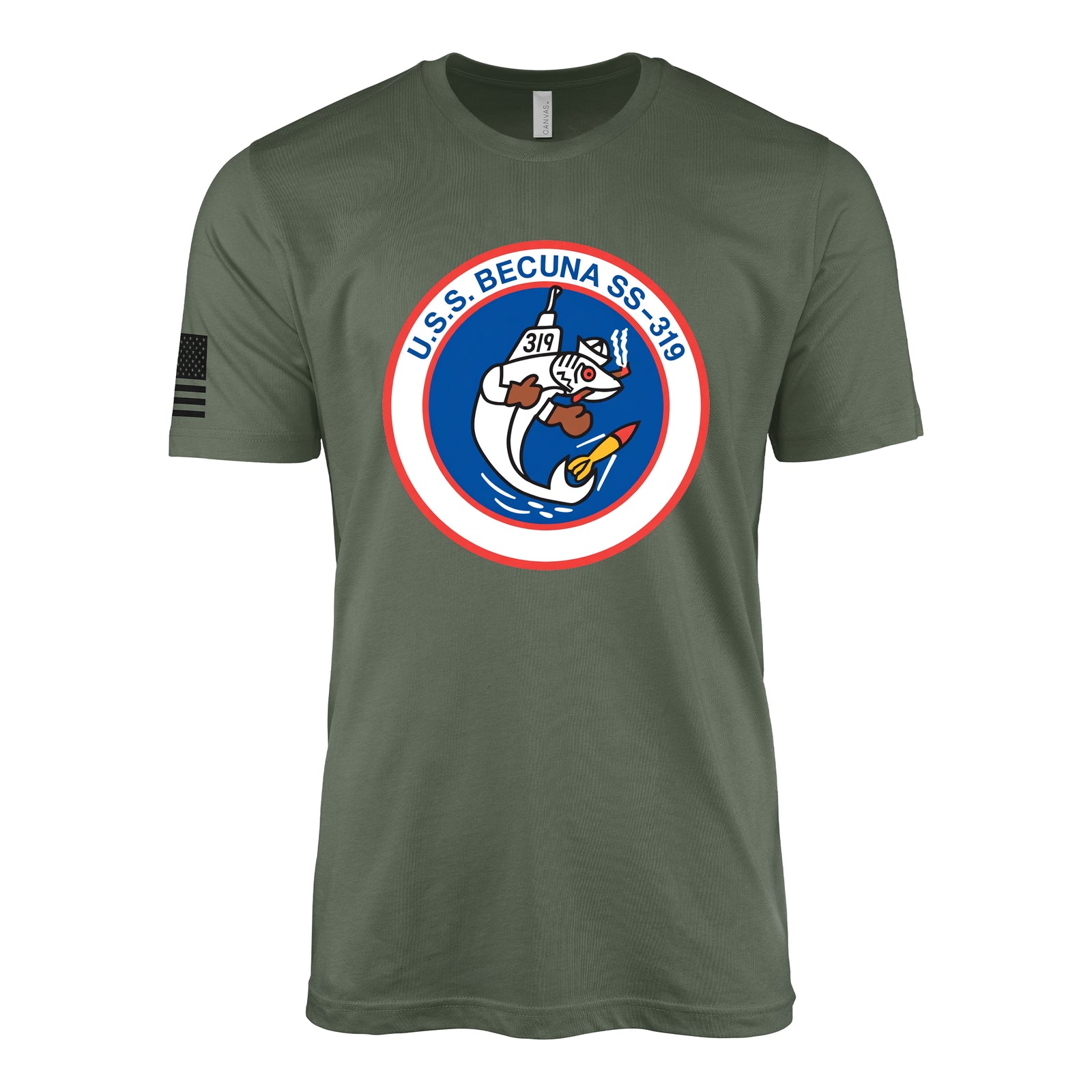 USS Becuna (SS-319) Balao-Class Submarine T-Shirt - Military Green