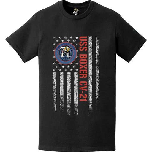 USS Boxer CV-21 Patriotic Ship's Crest Logo American Flag T-Shirt Tactically Acquired   