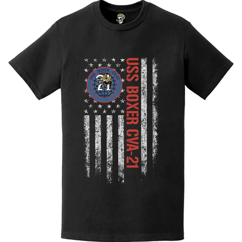 USS Boxer CVA-21 Patriotic Ship's Crest Logo American Flag T-Shirt