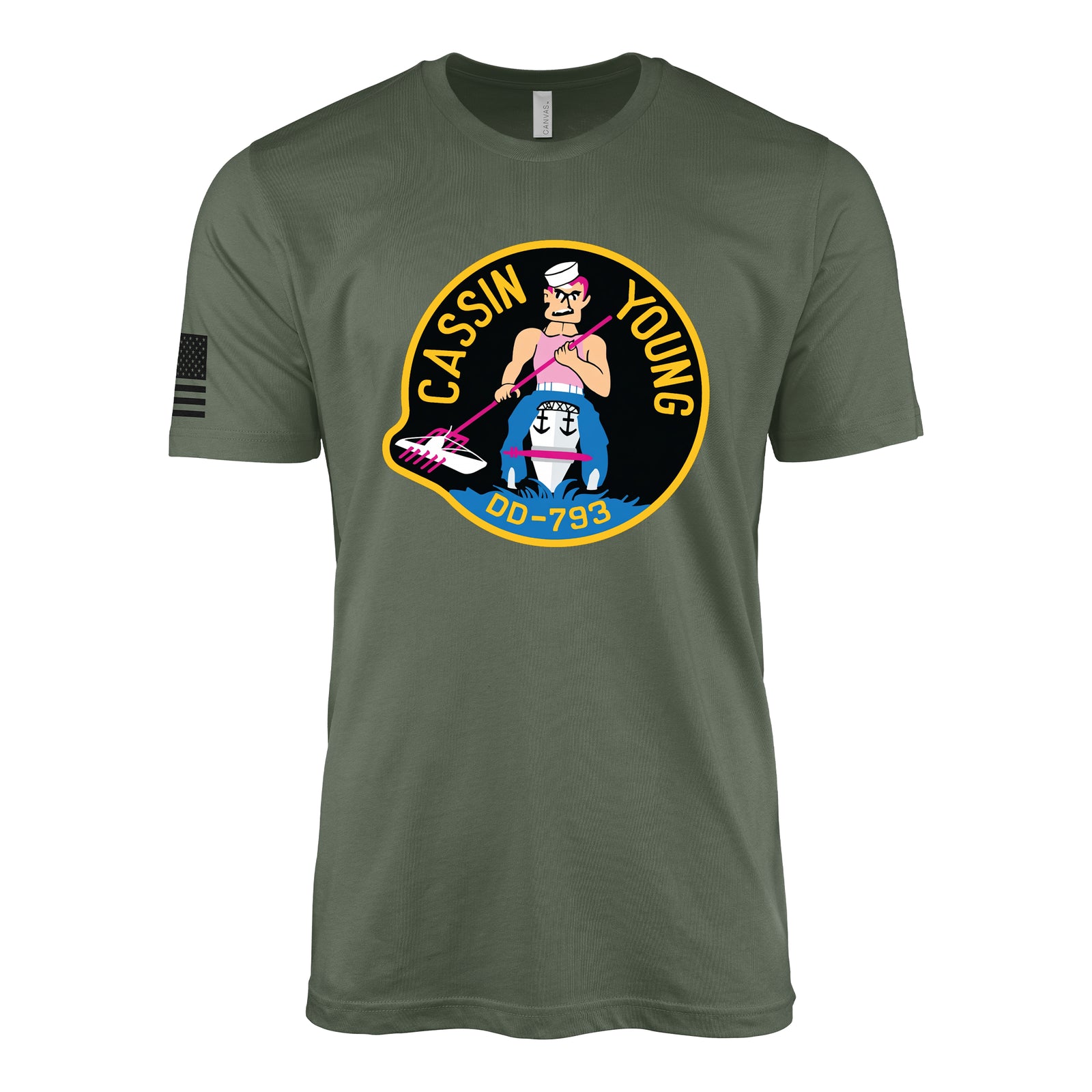 USS Cassin Young (DD-793) Fletcher-Class Destroyer T-Shirt - Military Green