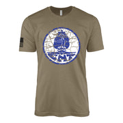 Distressed USS Enterprise CV-6 ships crest insignia emblem WW2 Navy t-shirt in coyote brown
