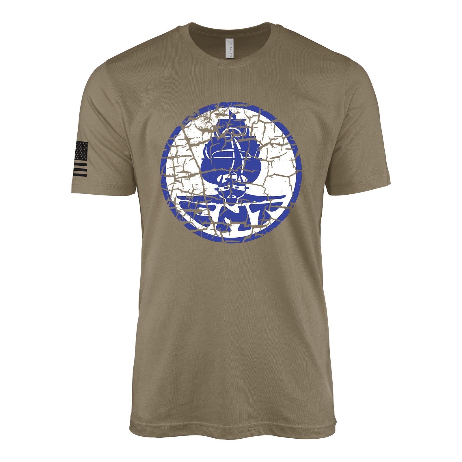 Distressed USS Enterprise CV-6 ships crest insignia emblem WW2 Navy t-shirt in coyote brown