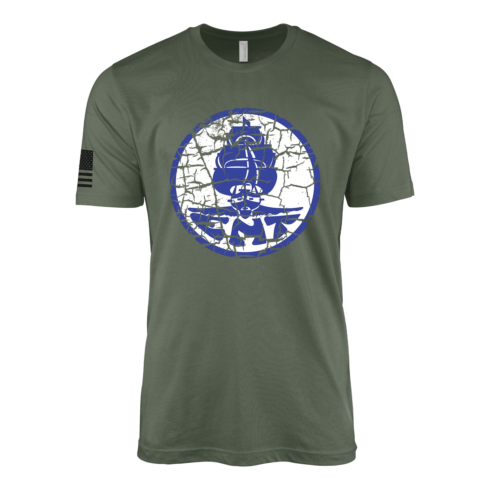 Distressed USS Enterprise CV-6 ships crest insignia emblem WW2 Navy t-shirt in military green