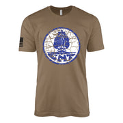 Distressed USS Enterprise CV-6 ships crest insignia emblem WW2 Navy t-shirt in military green