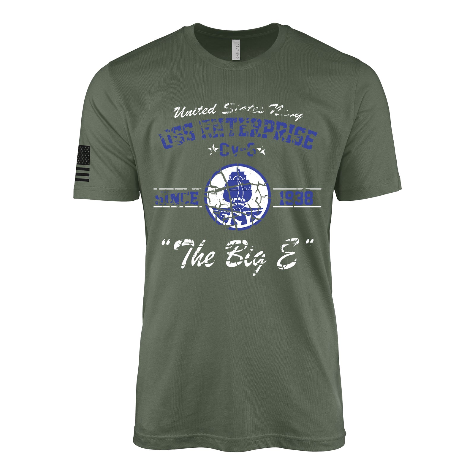 Distressed USS Enterprise CV-6 Since 1938 Big E legacy WW2 Navy aircraft carrier t-shirt in military green