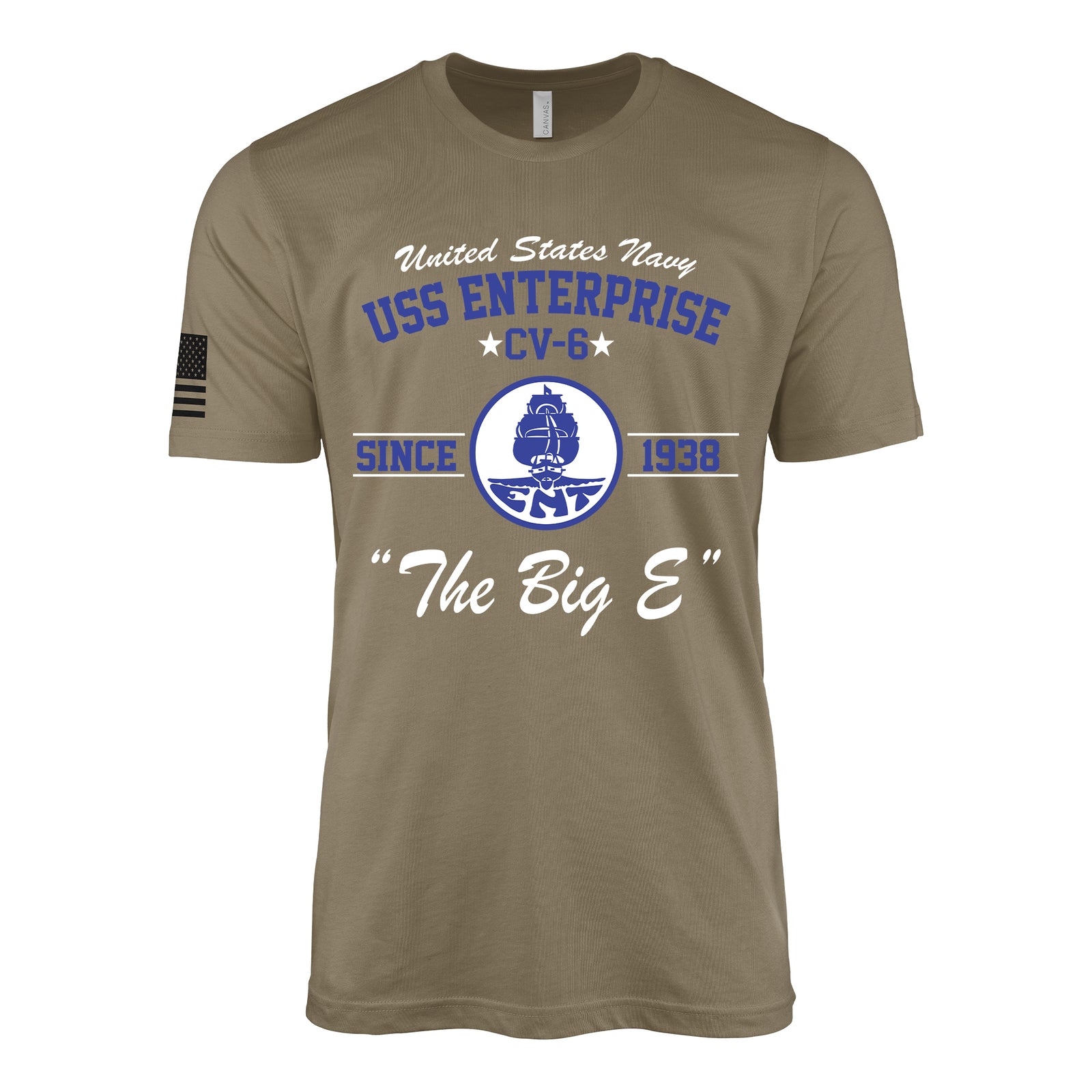 USS Enterprise CV-6 Since 1938 Big E legacy WW2 Navy aircraft carrier t-shirt in coyote brown