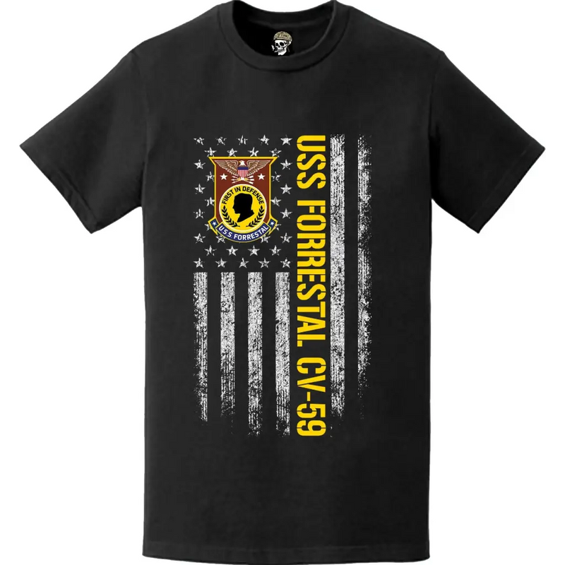 USS Forrestal (CV-59) Patriotic Ship's Crest Logo American Flag T-Shirt