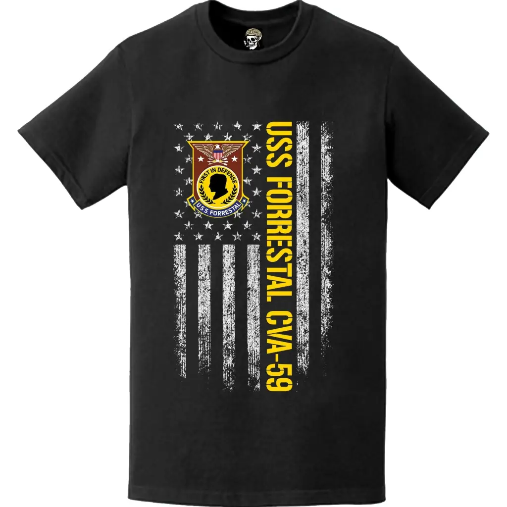 USS Forrestal (CVA-59) Patriotic Ship's Crest Logo American Flag T-Shirt Tactically Acquired   