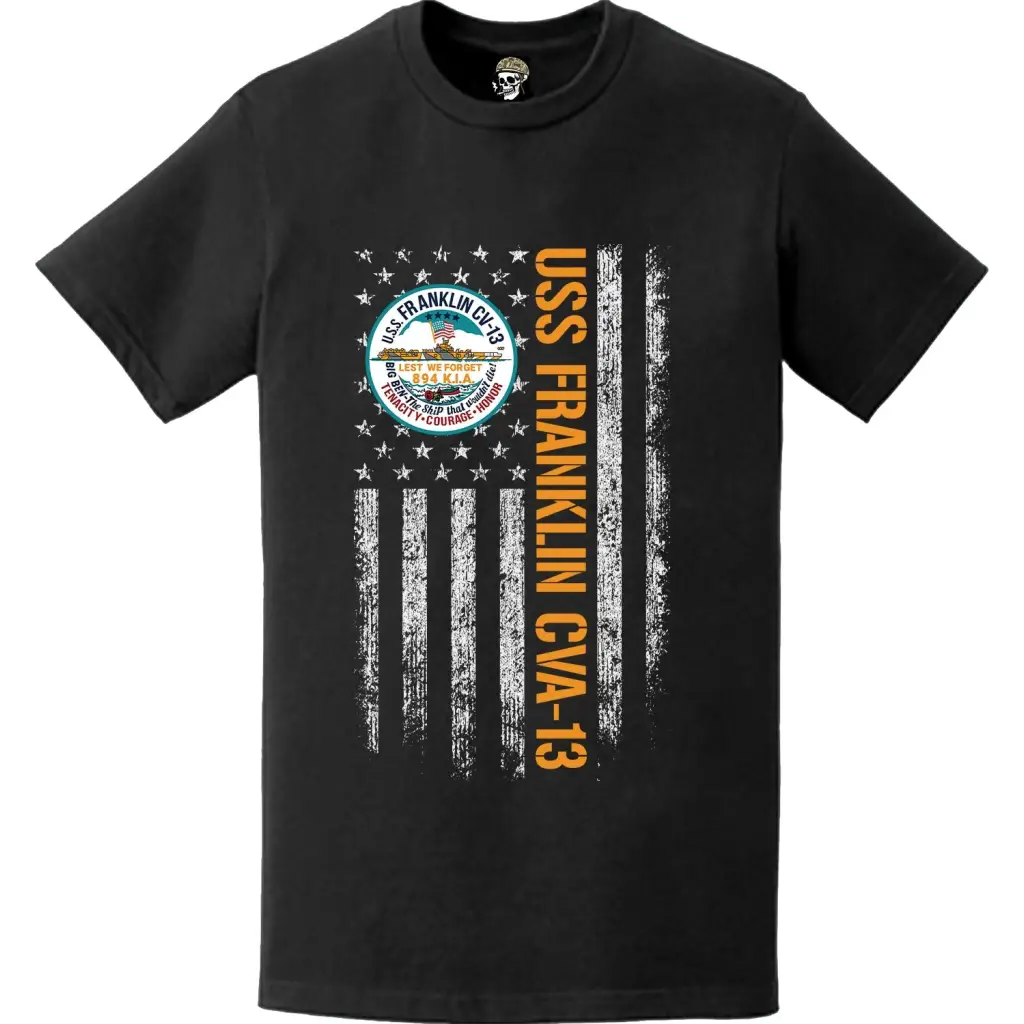 USS Franklin (CVA-13) Patriotic Ship's Crest Logo American Flag T-Shirt Tactically Acquired   