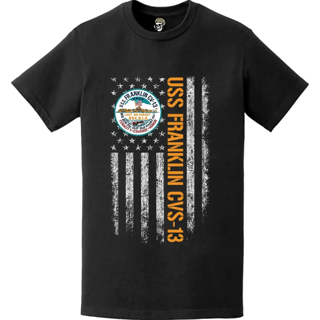 USS Franklin (CVS-13) Patriotic Ship's Crest Logo American Flag T-Shirt Tactically Acquired   