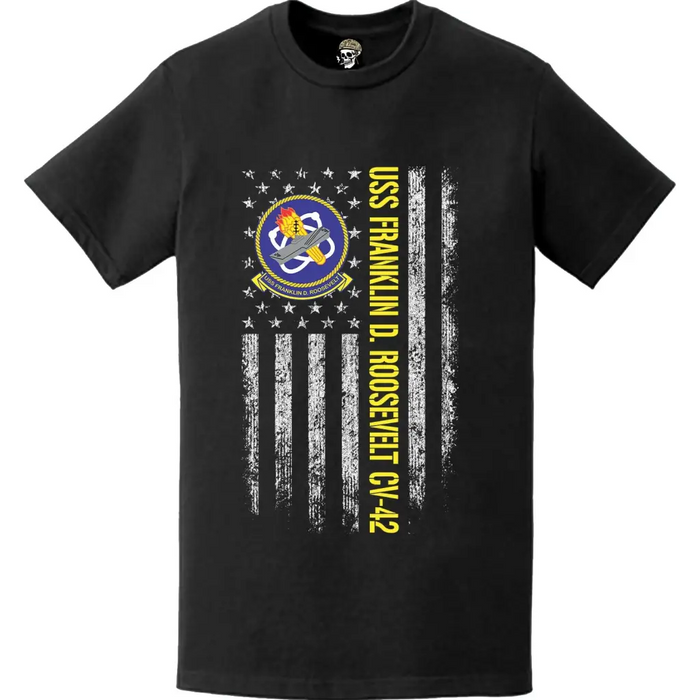 USS Franklin D. Roosevelt (CV-42) Patriotic Ship's Crest Logo American Flag T-Shirt Tactically Acquired   