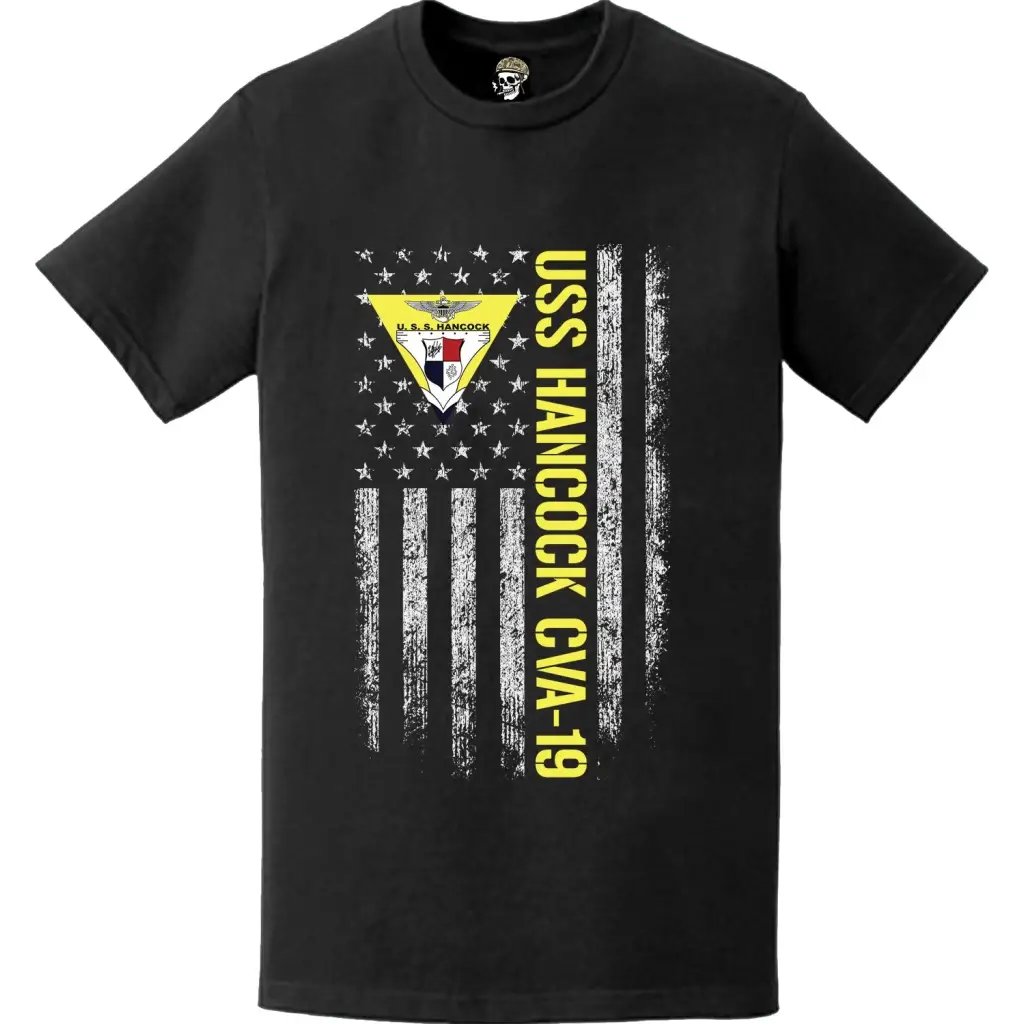 USS Hancock (CVA-19) Patriotic Ship's Crest Logo American Flag T-Shirt Tactically Acquired   