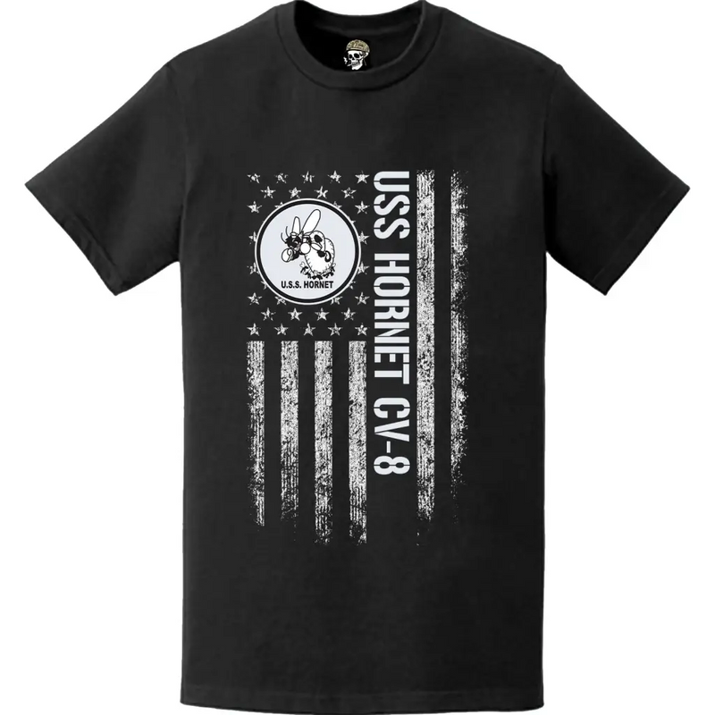 USS Hornet (CV-8) Patriotic Ship's Crest Logo American Flag T-Shirt