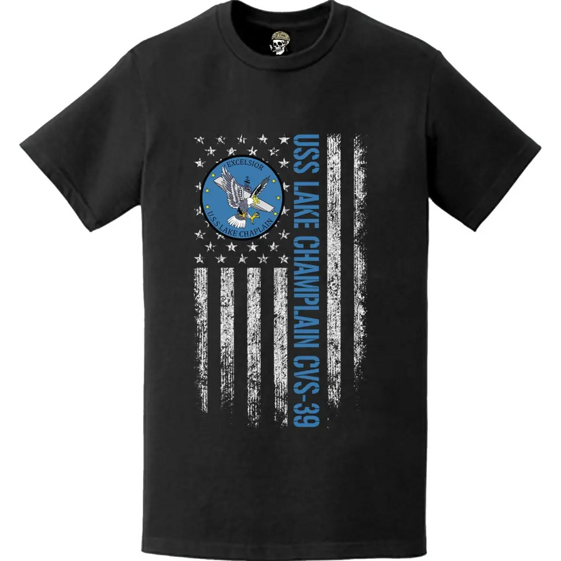 USS Lake Champlain (CVS-39) Patriotic Ship's Crest Logo American Flag T-Shirt