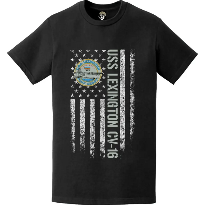 USS Lexington (CV-16) Patriotic Ship's Crest Logo American Flag T-Shirt Tactically Acquired   