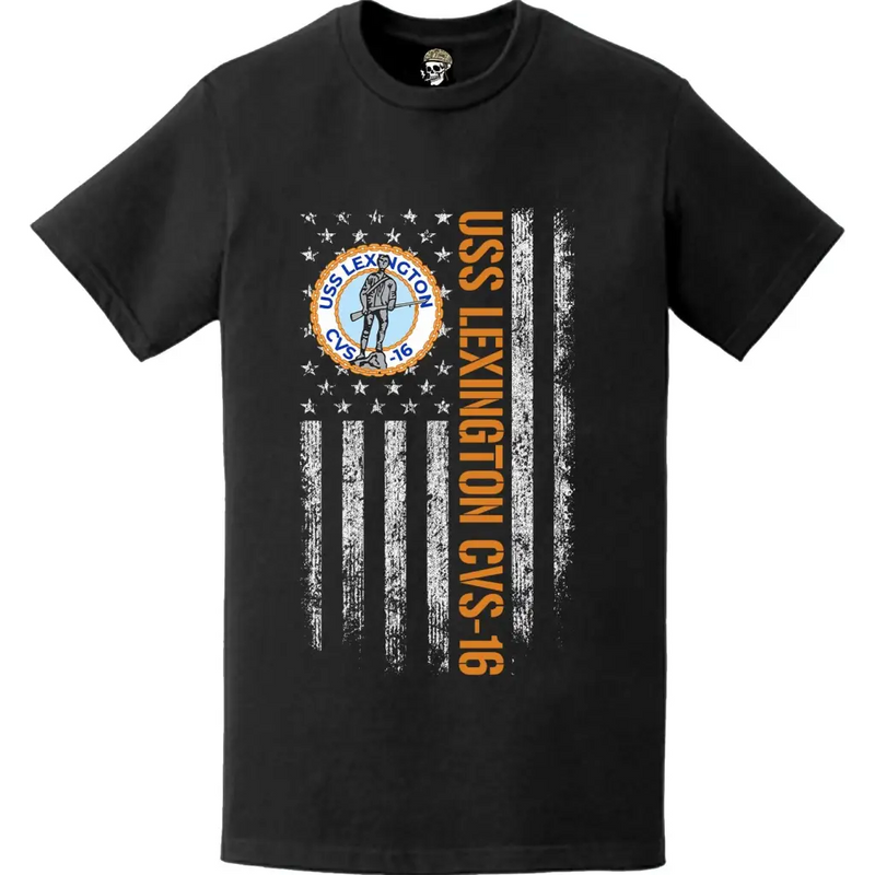 USS Lexington (CVS-16) Patriotic Ship's Crest Logo American Flag T-Shirt