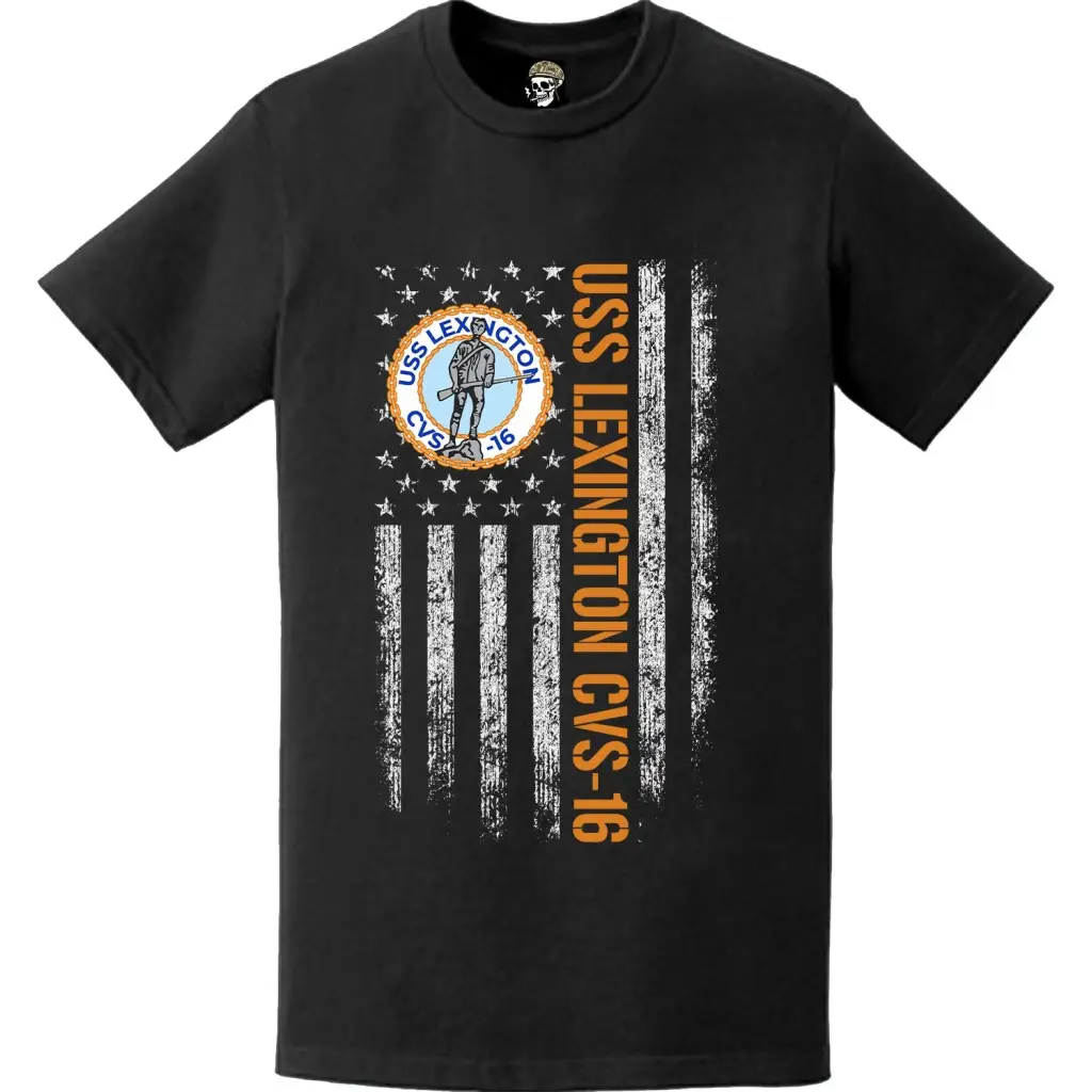 USS Lexington (CVS-16) Patriotic Ship's Crest Logo American Flag T-Shirt Tactically Acquired   