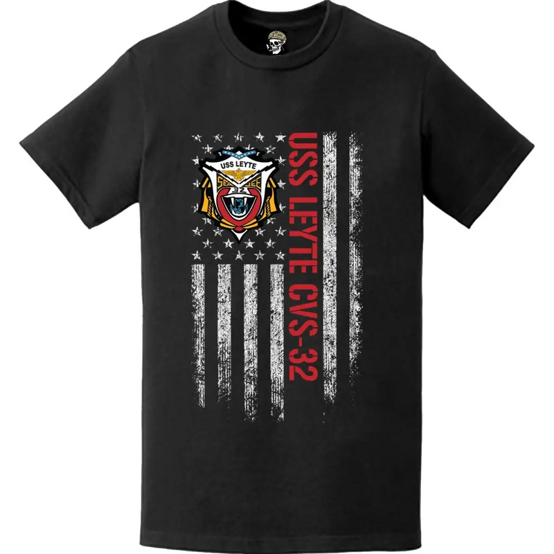 USS Leyte (CVS-32) Patriotic Ship's Crest Logo American Flag T-Shirt
