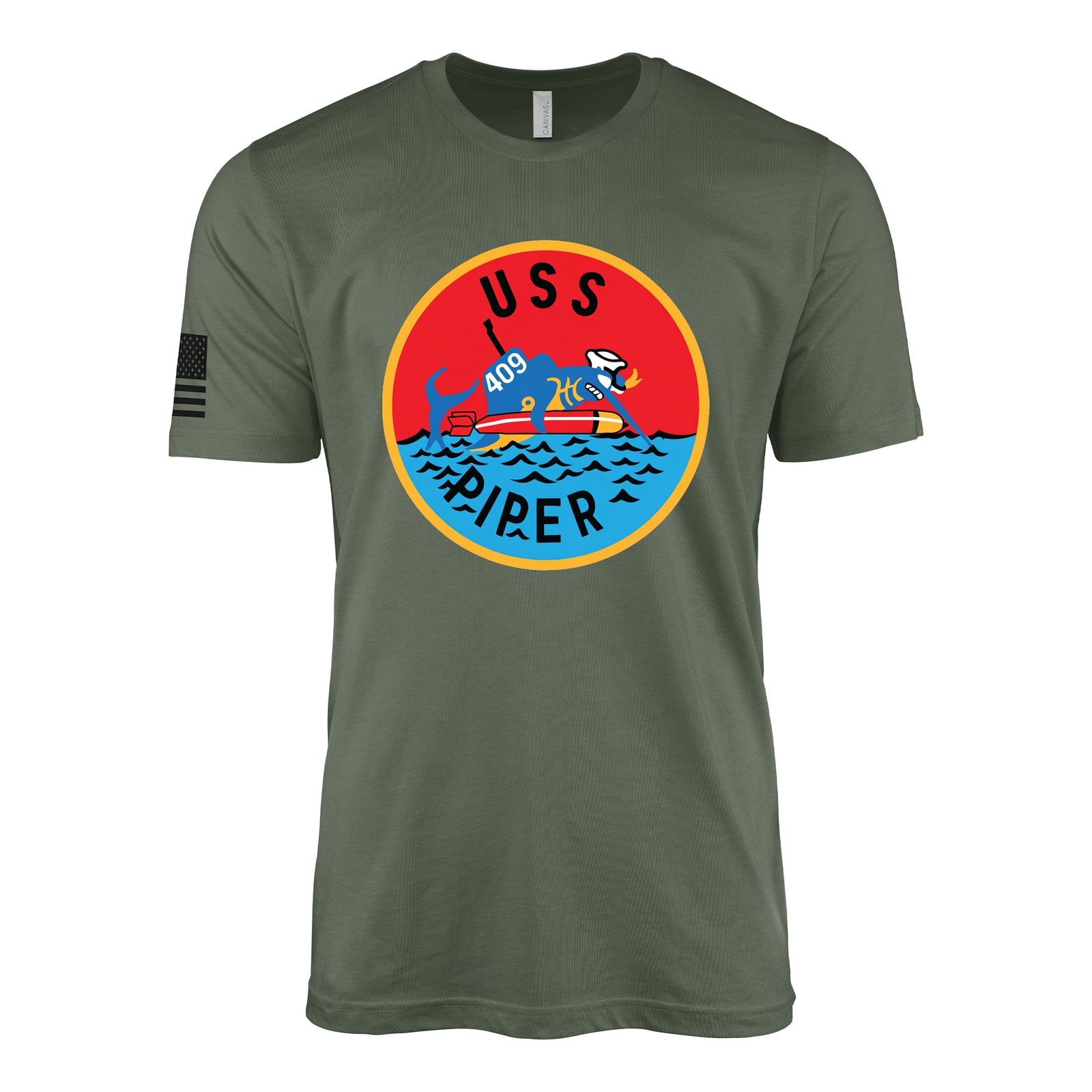 USS Piper (SS-409) Tench-Class Submarine T-Shirt - Military Green