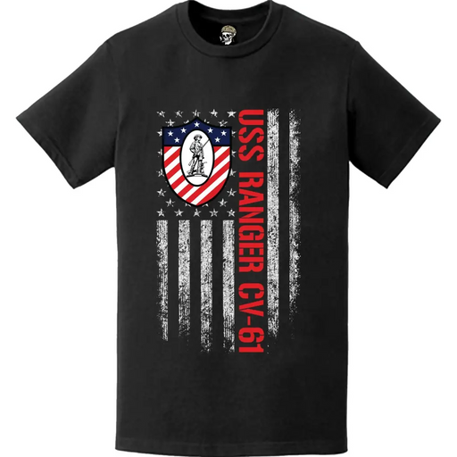 USS Ranger (CV-61) Patriotic Ship's Crest Logo American Flag T-Shirt Tactically Acquired   