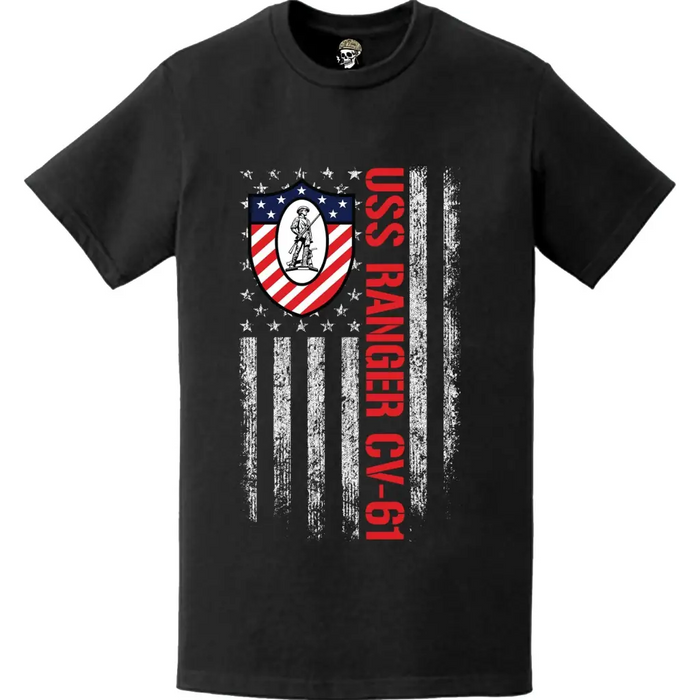 USS Ranger (CV-61) Patriotic Ship's Crest Logo American Flag T-Shirt Tactically Acquired   