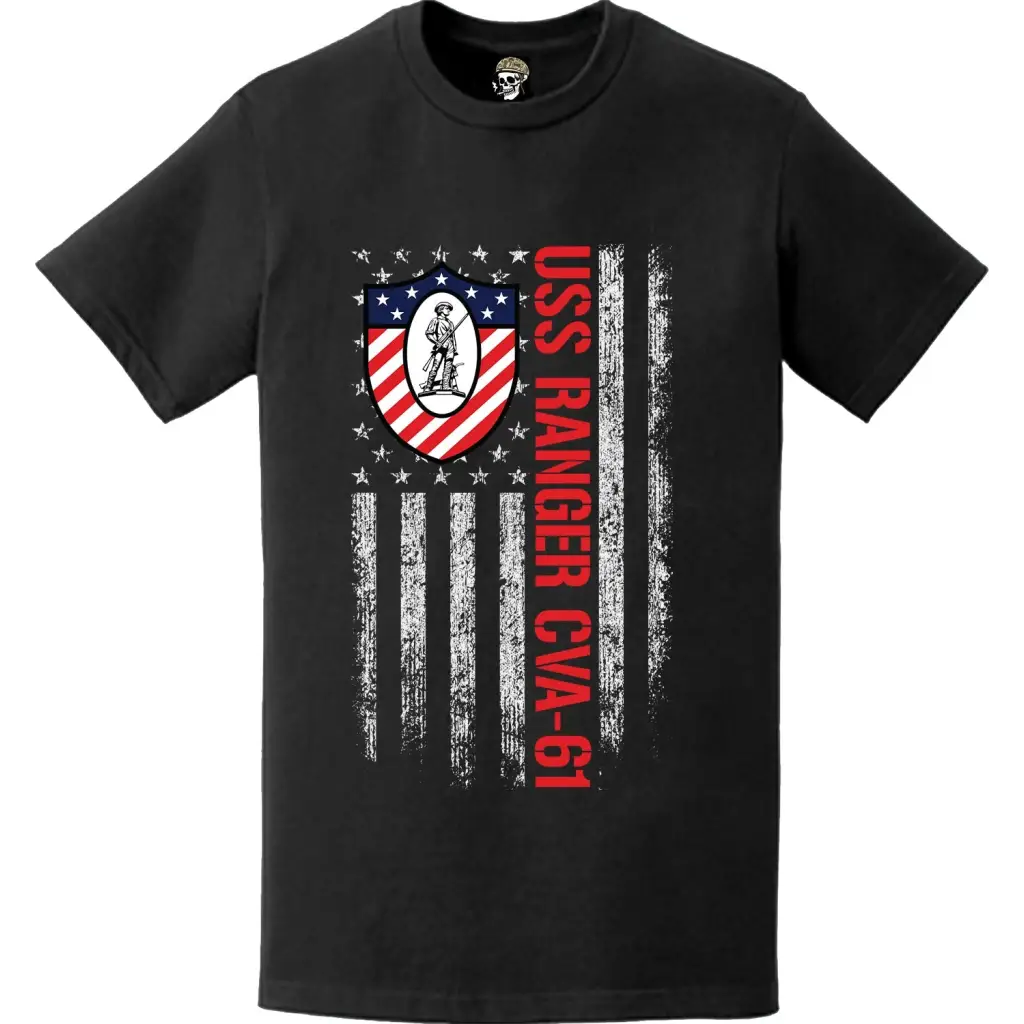 USS Ranger (CVA-61) Patriotic Ship's Crest Logo American Flag T-Shirt Tactically Acquired   