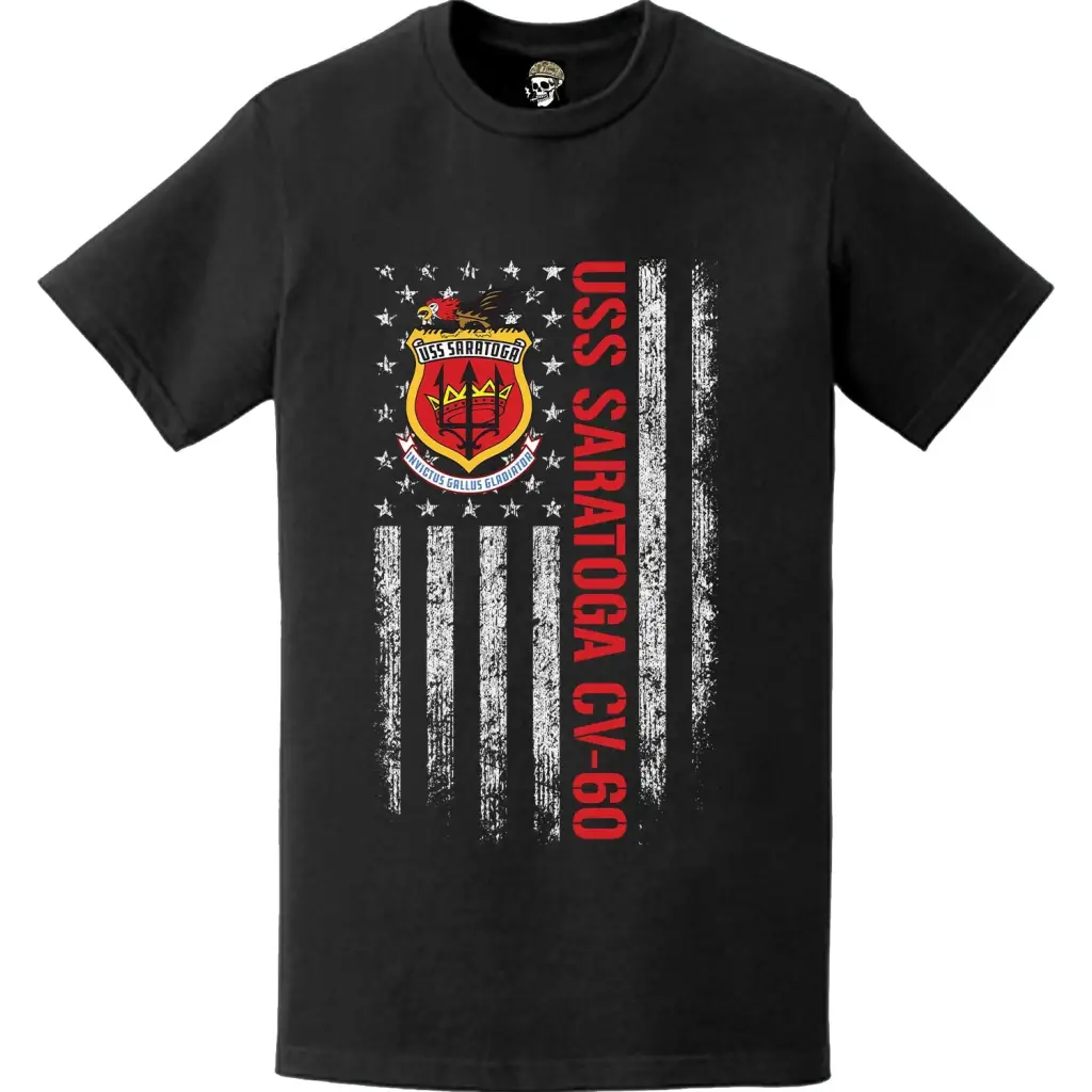 USS Saratoga (CV-60) Patriotic Ship's Crest Logo American Flag T-Shirt Tactically Acquired   