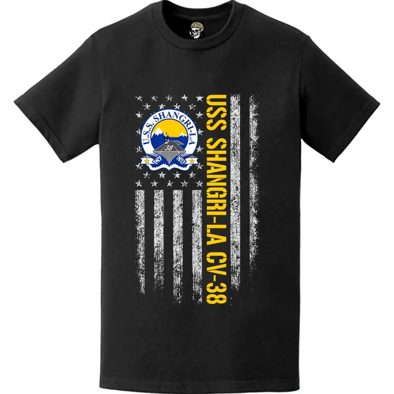 USS Shangri-La (CV-38) Patriotic Ship's Crest Logo American Flag T-Shirt