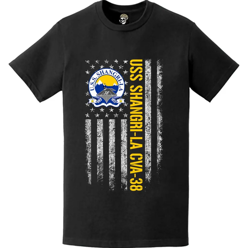 USS Shangri-La (CVA-38) Patriotic Ship's Crest Logo American Flag T-Shirt