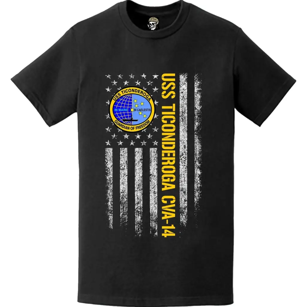 USS Ticonderoga (CVA-14) Patriotic Ship's Crest Logo American Flag T-Shirt Tactically Acquired   