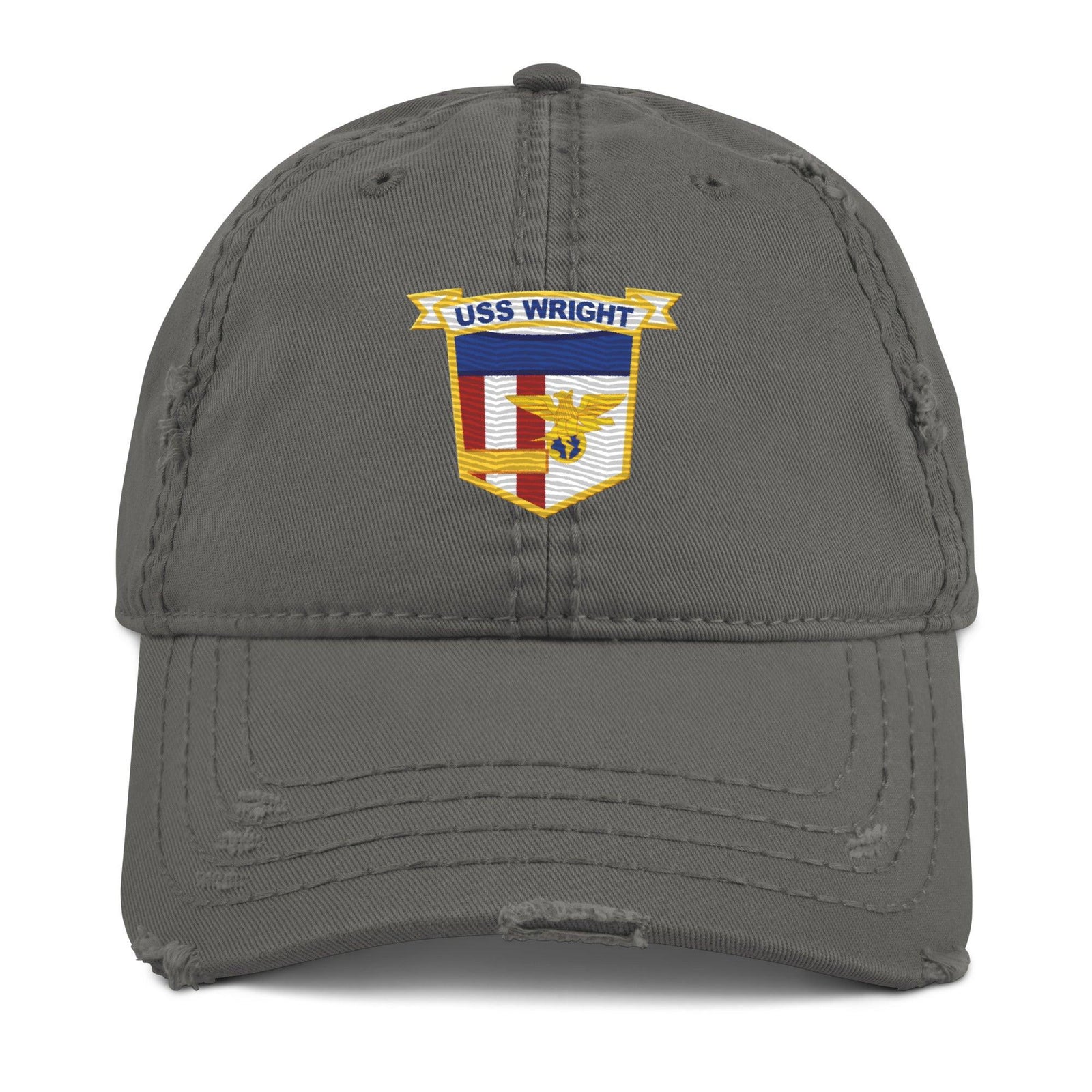 USS Wright (CVL-49) Ship's Crest Logo Embroidered Distressed Dad Hat Tactically Acquired Charcoal Grey  