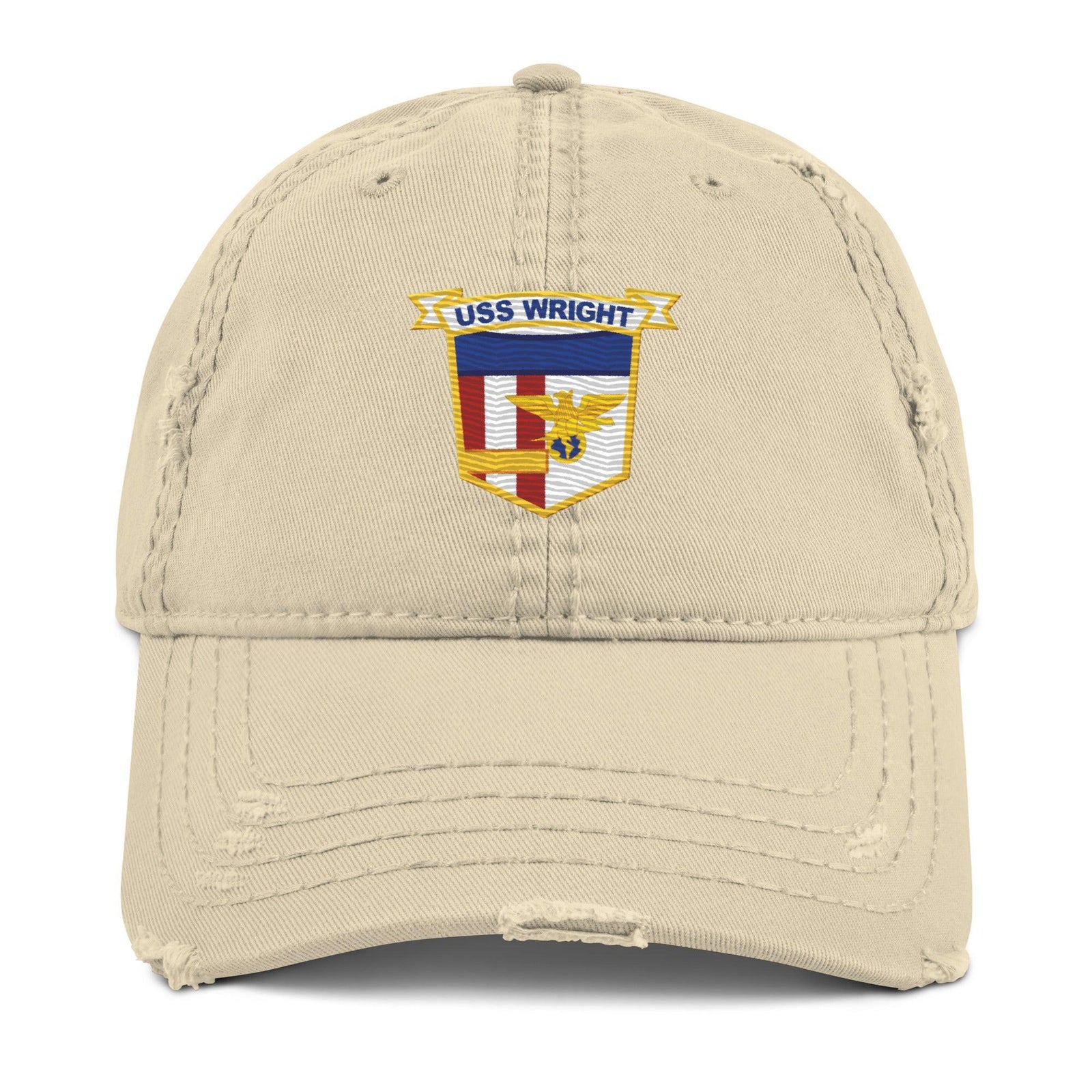 USS Wright (CVL-49) Ship's Crest Logo Embroidered Distressed Dad Hat Tactically Acquired Khaki  