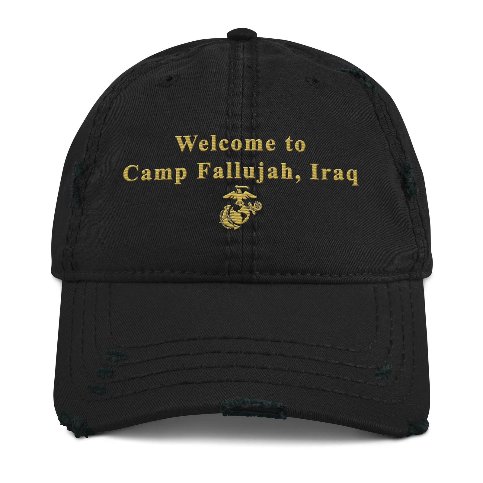 Welcome to Camp Fallujah Iraq Distressed USMC OIF Veteran Dad Hat Tactically Acquired Black  