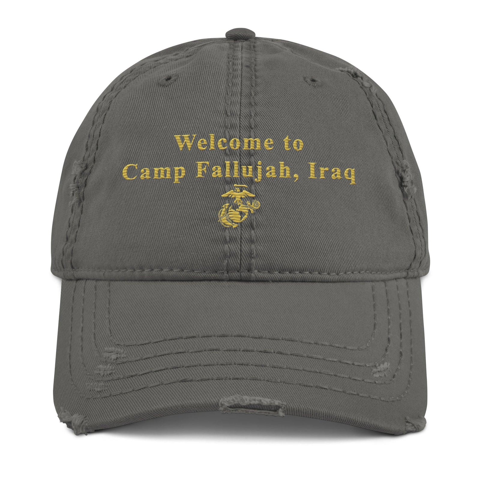 Welcome to Camp Fallujah Iraq Distressed USMC OIF Veteran Dad Hat Tactically Acquired Charcoal Grey  