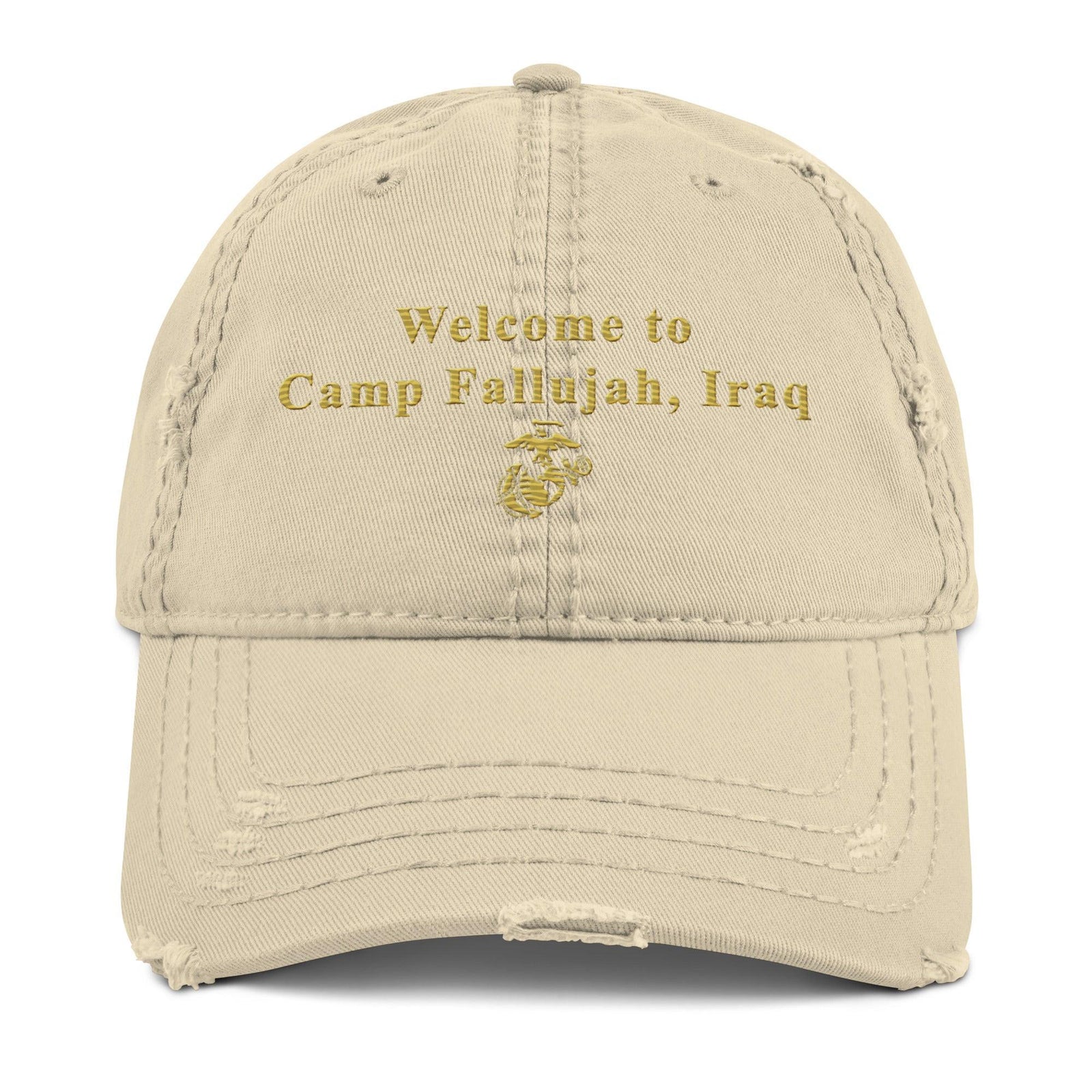 Welcome to Camp Fallujah Iraq Distressed USMC OIF Veteran Dad Hat Tactically Acquired Khaki  