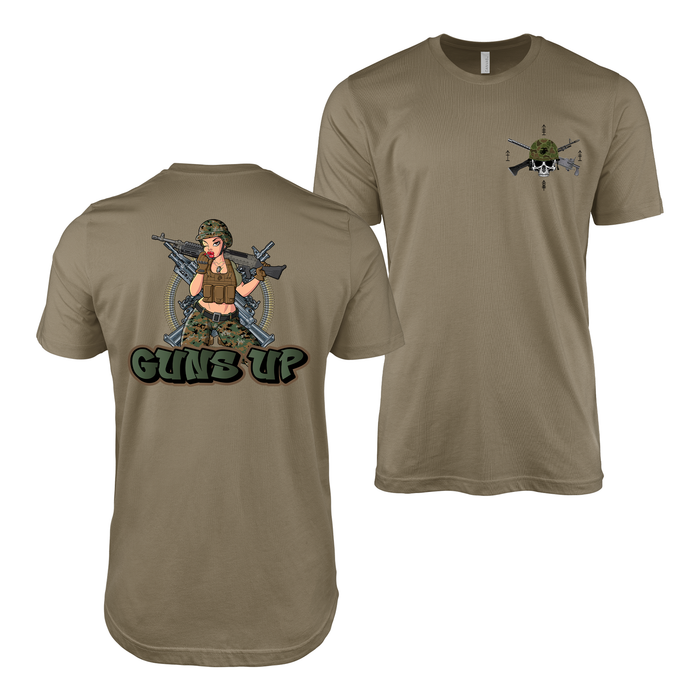 'Guns Up' USMC 0331 Machine Gunner Yesi Pin Up Girl T-Shirt Tactically Acquired Coyote Brown Small 0331 Skull