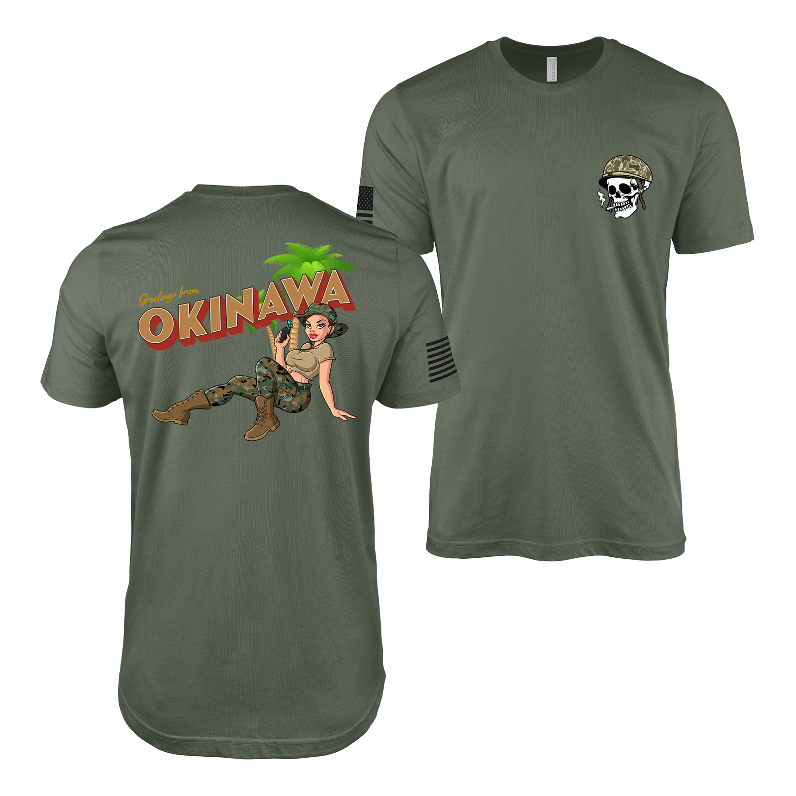 Greetings from Okinawa: Yesi USMC Pin-Up Girl T-Shirt Tactically Acquired Military Green S