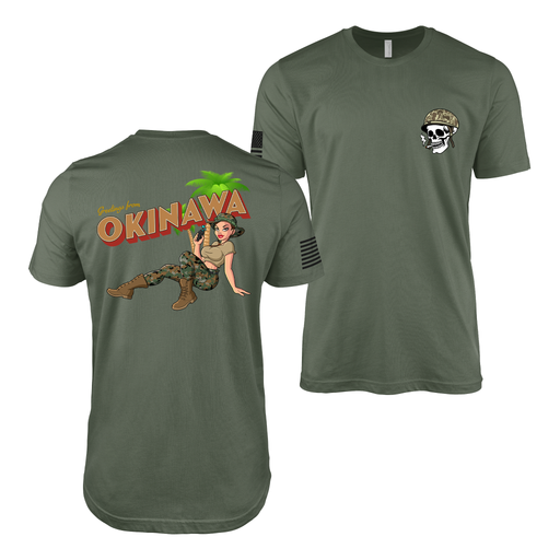 Greetings from Okinawa: Yesi USMC Pin-Up Girl T-Shirt Tactically Acquired Military Green Small