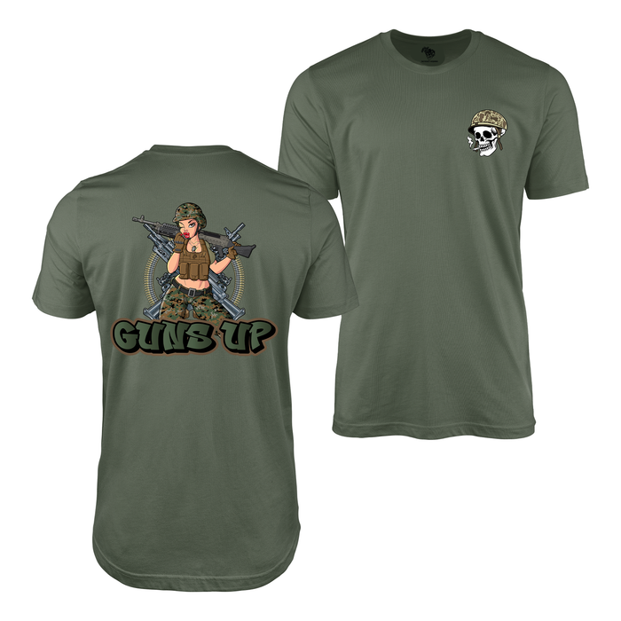 'Guns Up' USMC 0331 Machine Gunner Yesi Pin Up Girl T-Shirt Tactically Acquired Military Green Small Tactically Acquired