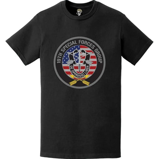 19th SFG Patriotic American Flag Circle Crest T-Shirt Tactically Acquired   