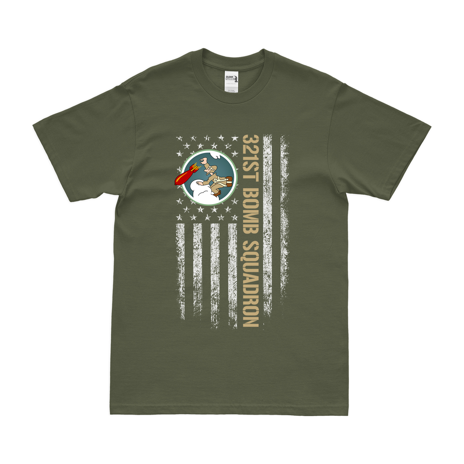 321st Bomb Squadron American Flag T-Shirt Tactically Acquired Military Green Small 